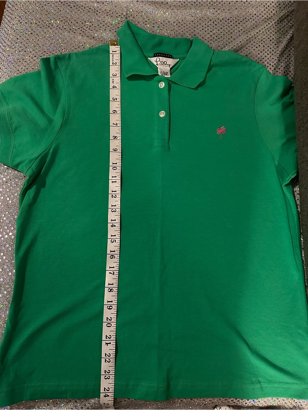 Lilly Pulitzer Green shrunken Polo with Pink Palm tree NWOT LG - Picture 3 of 5